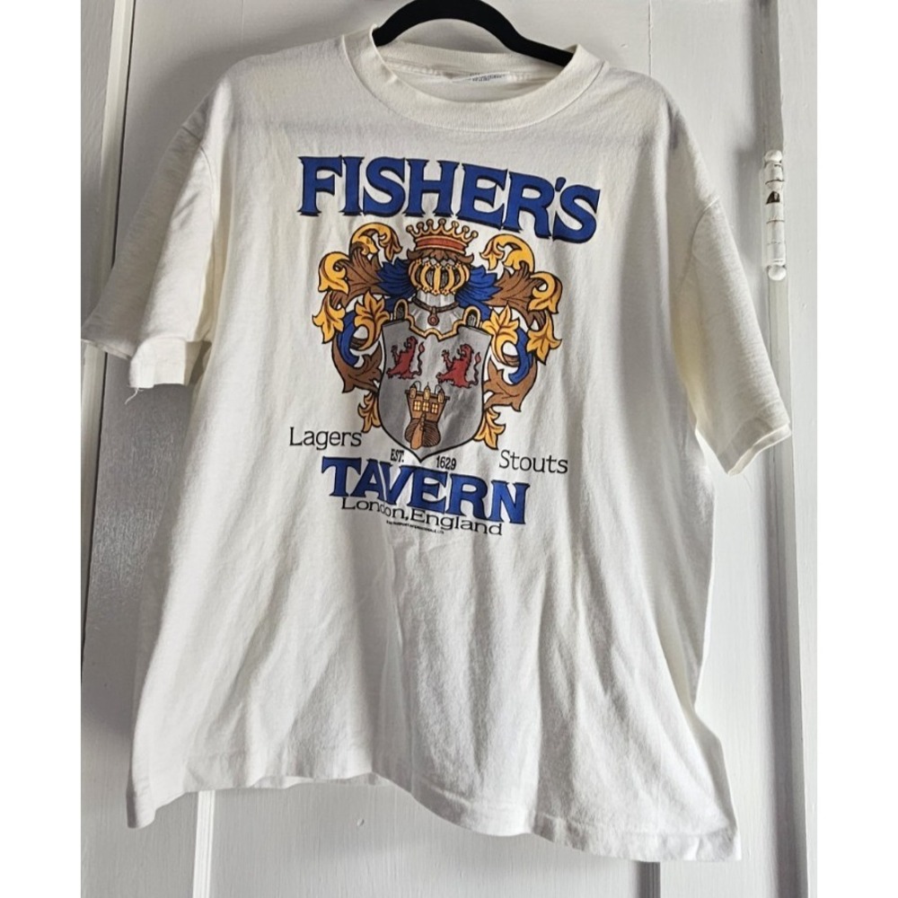 Vtg THE PERFECT SHIRT white T-shirt Fisher's Tavern in London mens L
